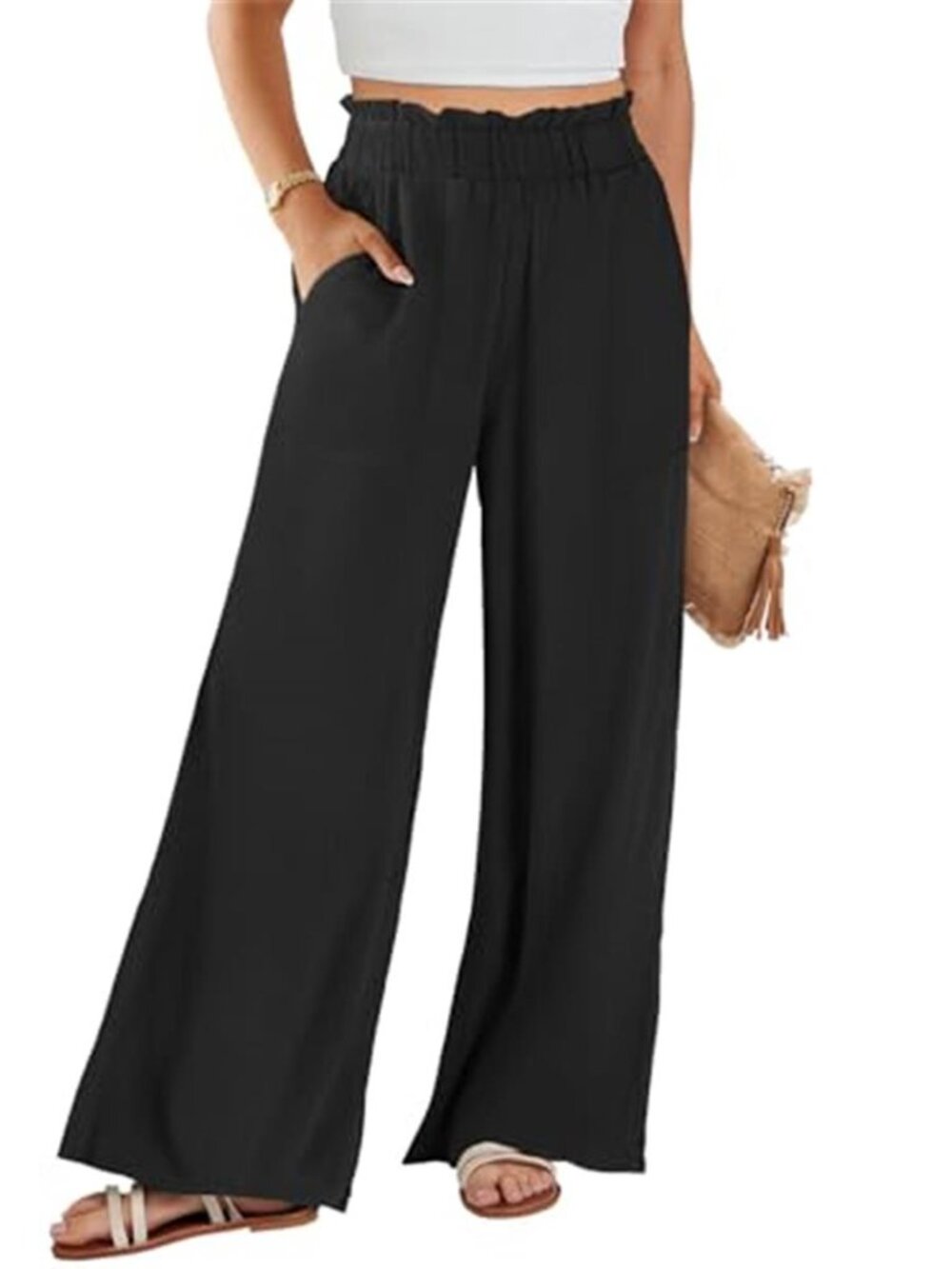 Black Linen Wide Leg Palazzo Pants High Waist Flowy Beach Trousers Work